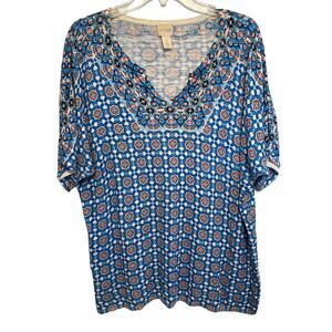 Chico's Mixed Tile Print Top Women's XL Turquoise Orange White V-Neck Geomtric
